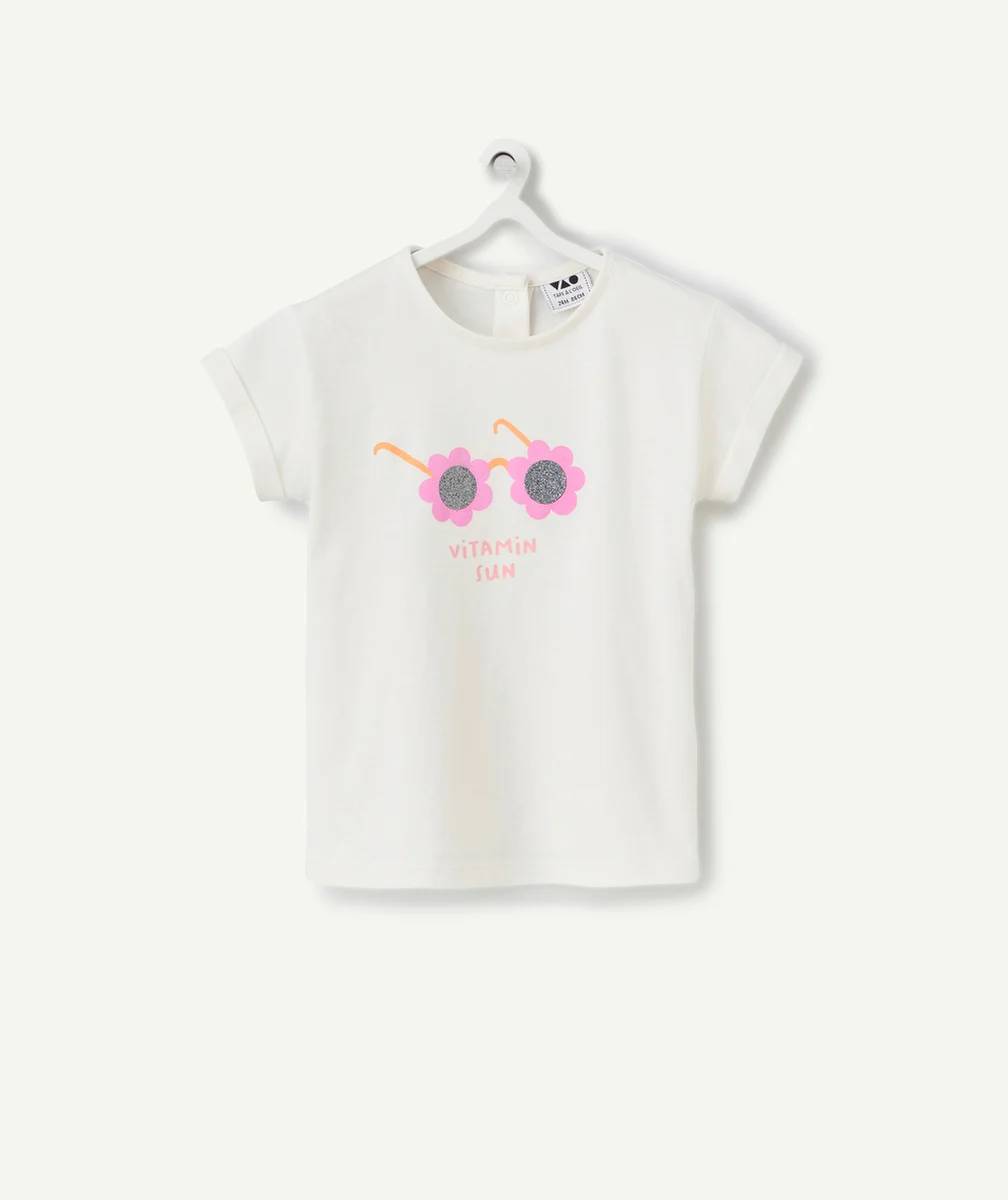 t-shirt manche courte bébé fille en coton bio anti-uv écru