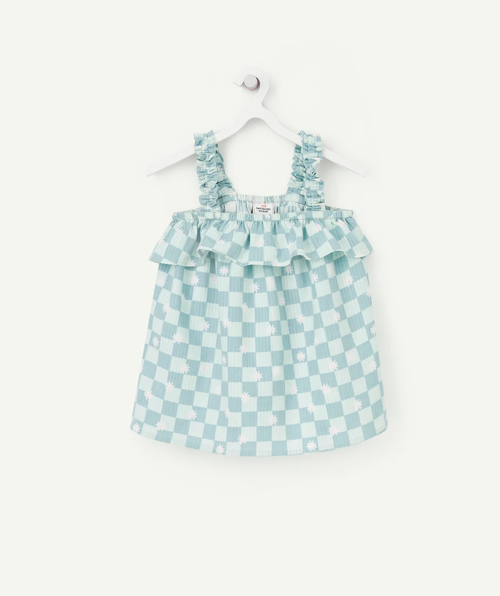 BLOUSE À BRETELLES FILLE EN COTON ET MOTIF DAMIER VERT