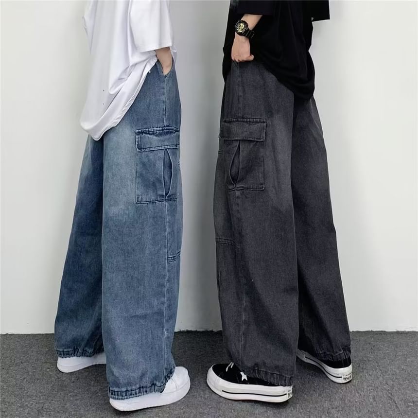 Lingaris - Mid Rise Washed Wide Leg Cargo Jeans