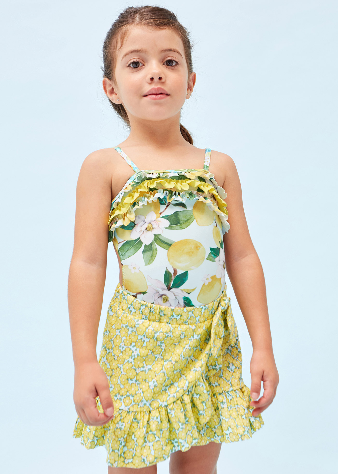 Saia sarongue estampada em algodão sustentável para meninas