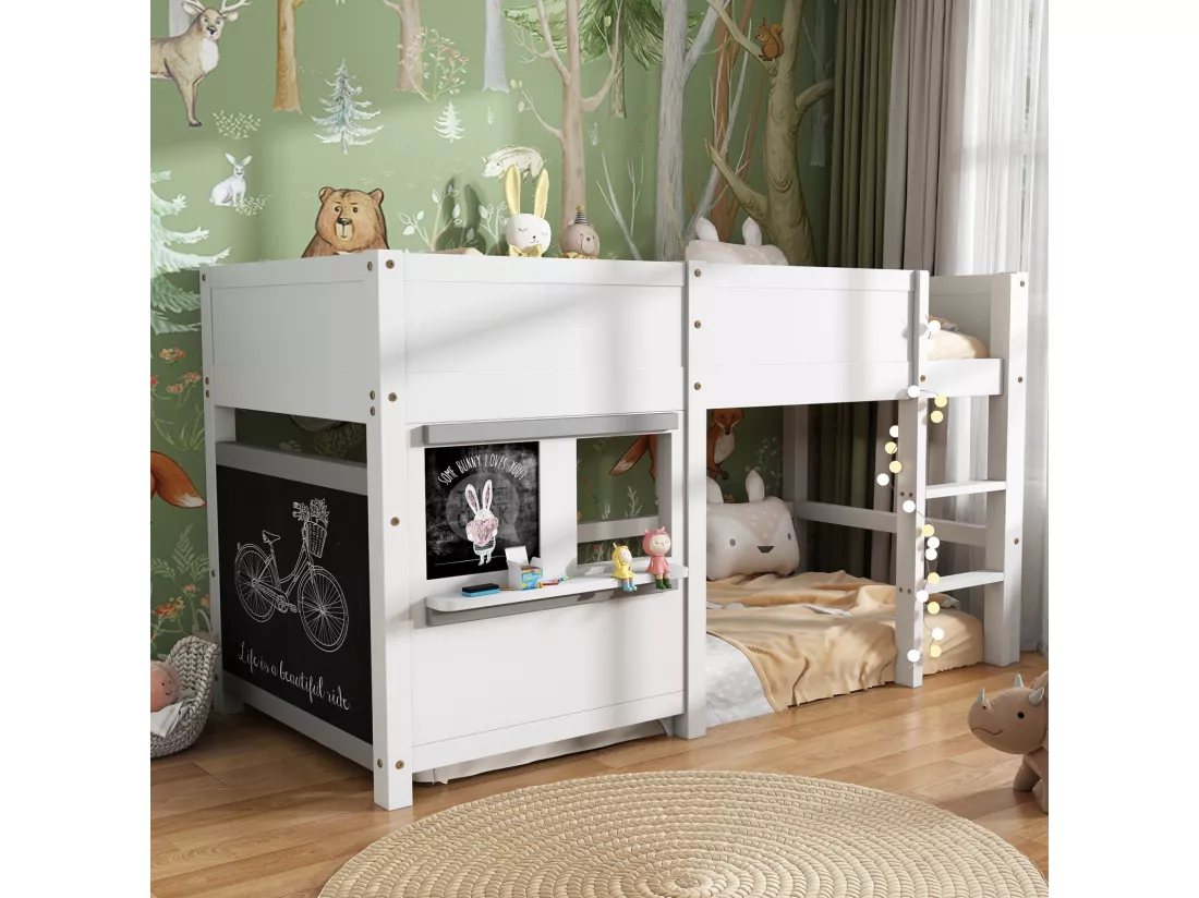 Lit mi-hauteur scandinave pour enfant, avec deux planches graffitistes, 3 escaliers, 90x200cm