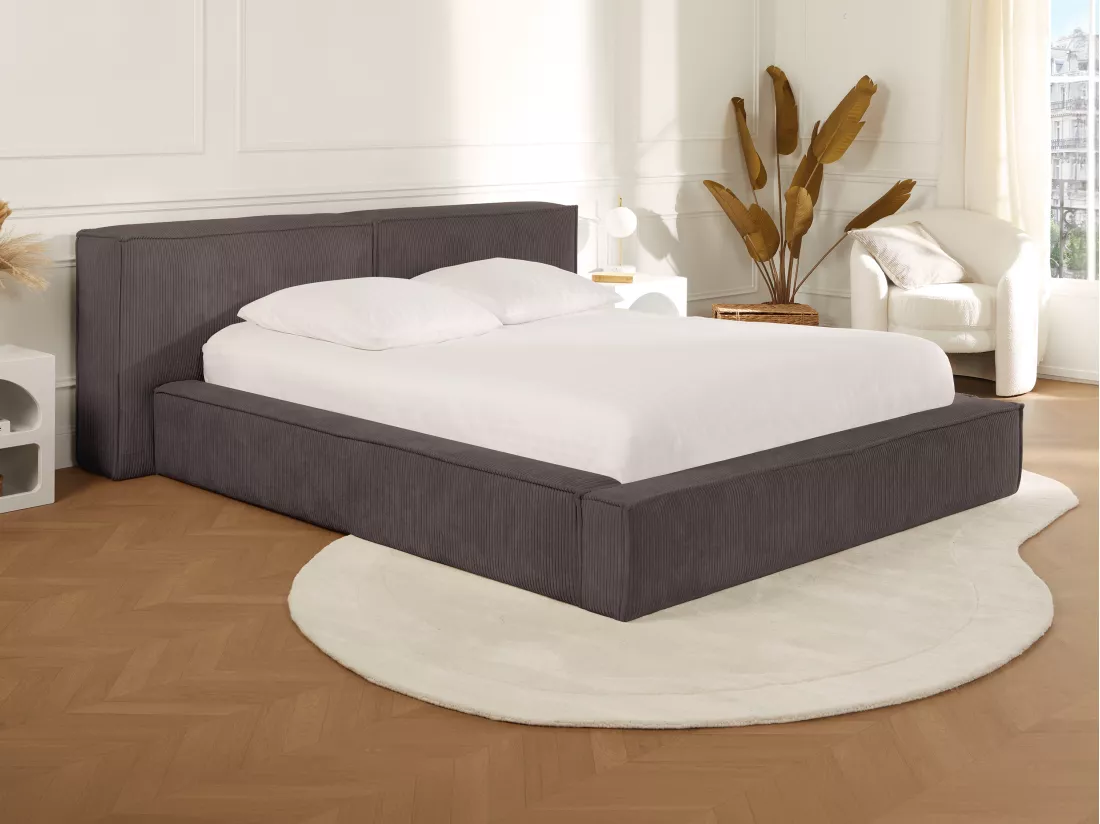 Lit coffre 180 x 200 cm - Velours côtelé - Taupe + Matelas - TIMANO de Pascal Morabito