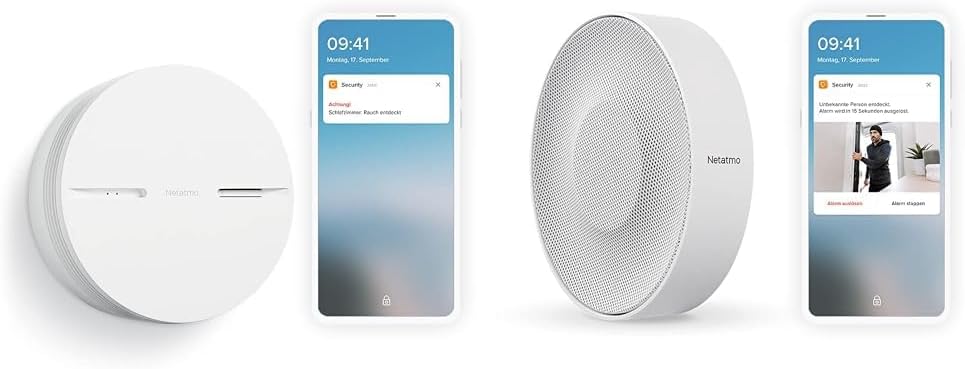Netatmo Smarter Rauchmelder, 10-Jahres-Batterie, Selbsttest-Funktion, 85-dB-Alarm, Eigenständiges Gerät, EN14604 Zertifizierter, NSA-DE & Smarte Innen-Alarmsirene, drahtlos, WLAN, 110 dB