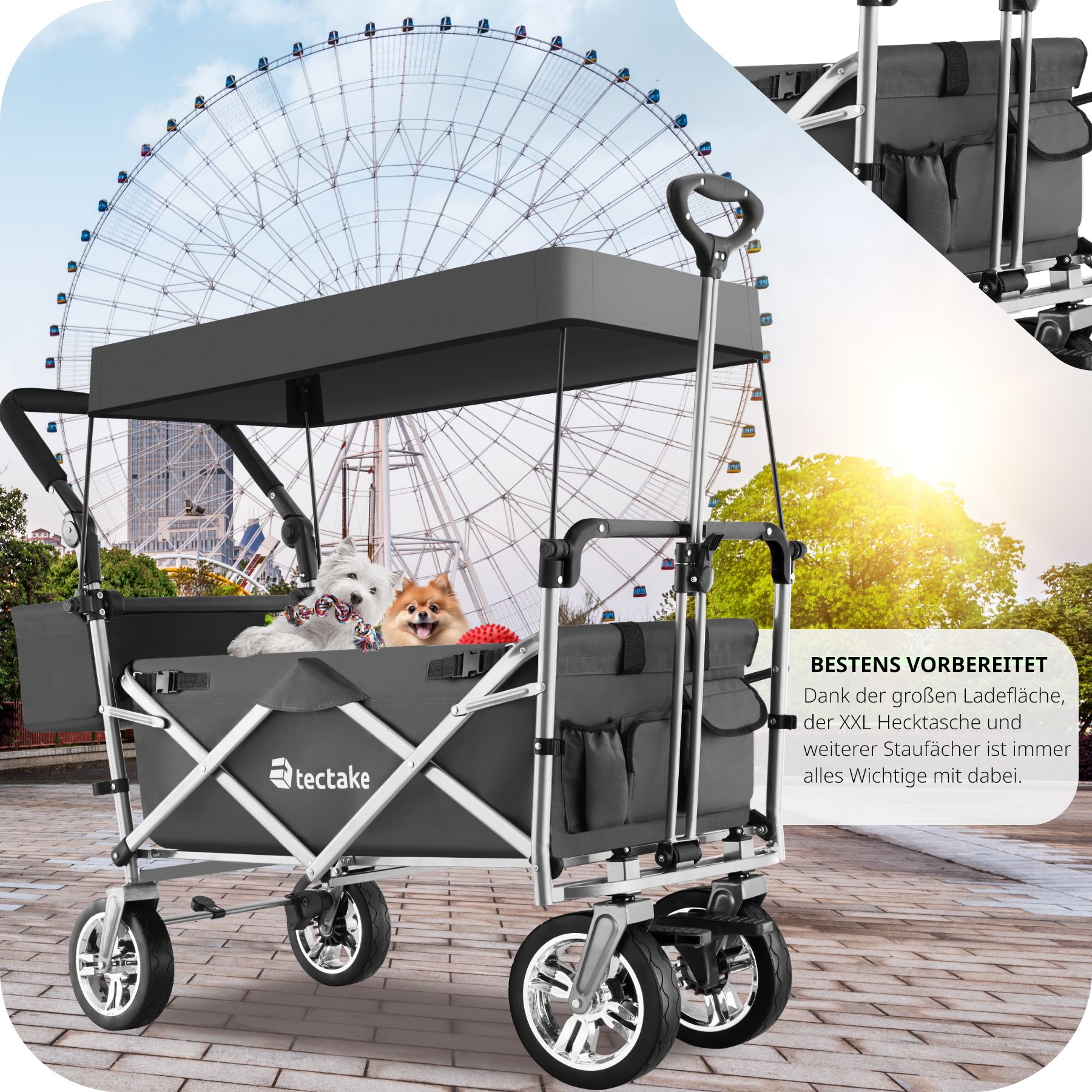 tectake® Bollerwagen, faltbar, mit Dach, abnehmbarer Stoffeinsatz mit 6 Taschen, inklusive Tragetasche, Belastbarkeit 80 kg