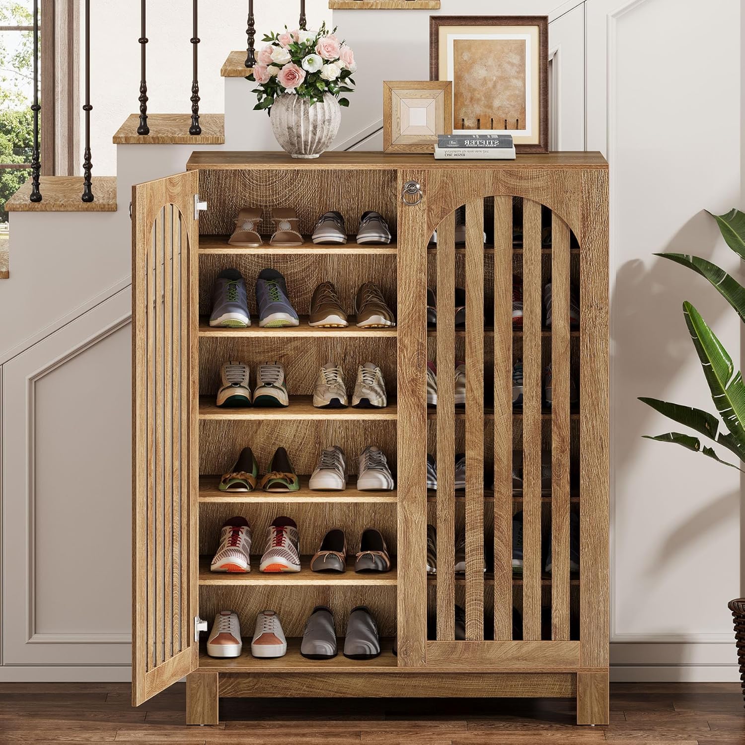 Tribesigns 6-stöckiger Schuhschrank mit Lamellentüren, 24 Paar Bauernhaus-Schuhschrank mit verstellbaren Regalen, Holzregal Organizer für Eingangsbereich, Flur, Wohnzimmer (braun)