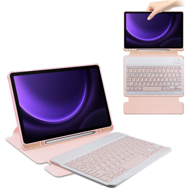 2in1 Samsung Galaxy Tab S10 FE / Tab S9 FE Leder Tasche mit Acryl Rückseite   Magnet Bluetooth Tastatur   S-Pen Halterung (QWERTY) - Rosa