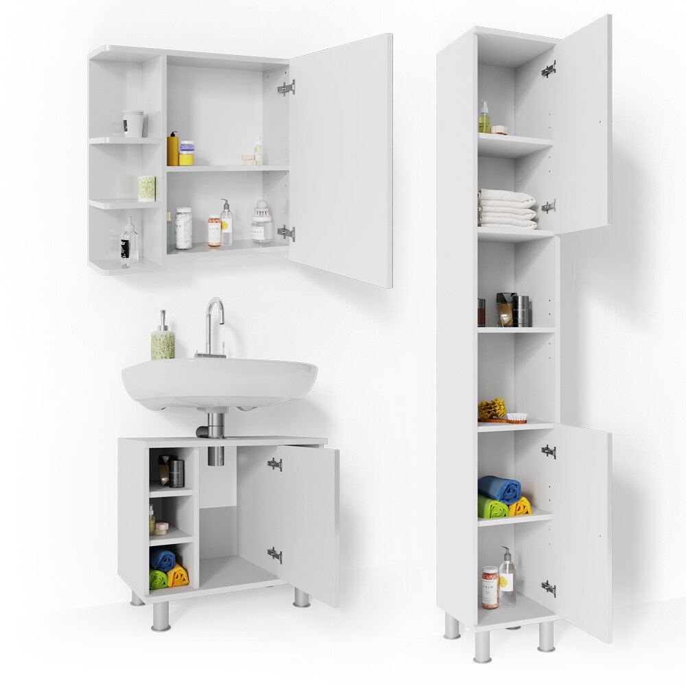VICCO Badmöbel Set FYNN 3 Teile Weiß Hochglanz - Badezimmer Spiegel Badunterschrank Hochschrank