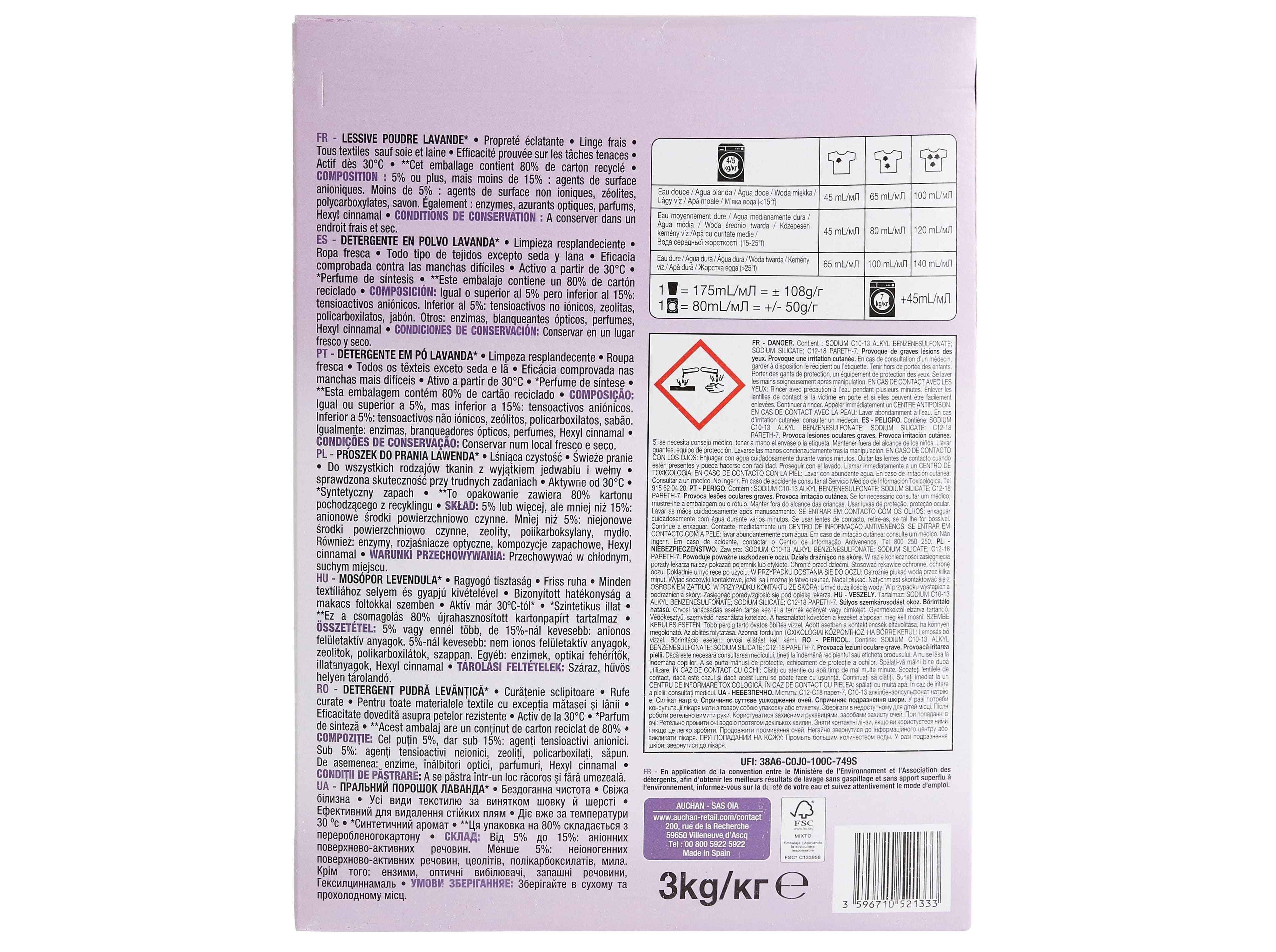 DETERGENTE MÁQUINA ROUPA PÓ AUCHAN LAVANDA 60 DOSES
