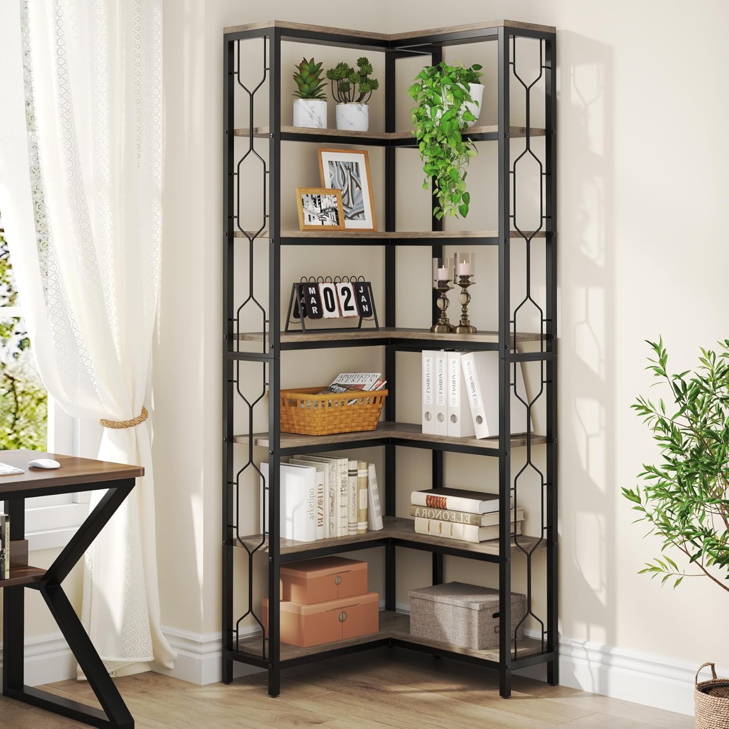 Tribesigns Eck-Bücherregal, 7-stöckiges Industrielles Eckregal, Holz und Metall Ecke Etagere Bücherregal, Freistehendes Lagerregal für Wohnzimmer, Küche, Home Office (Grau)