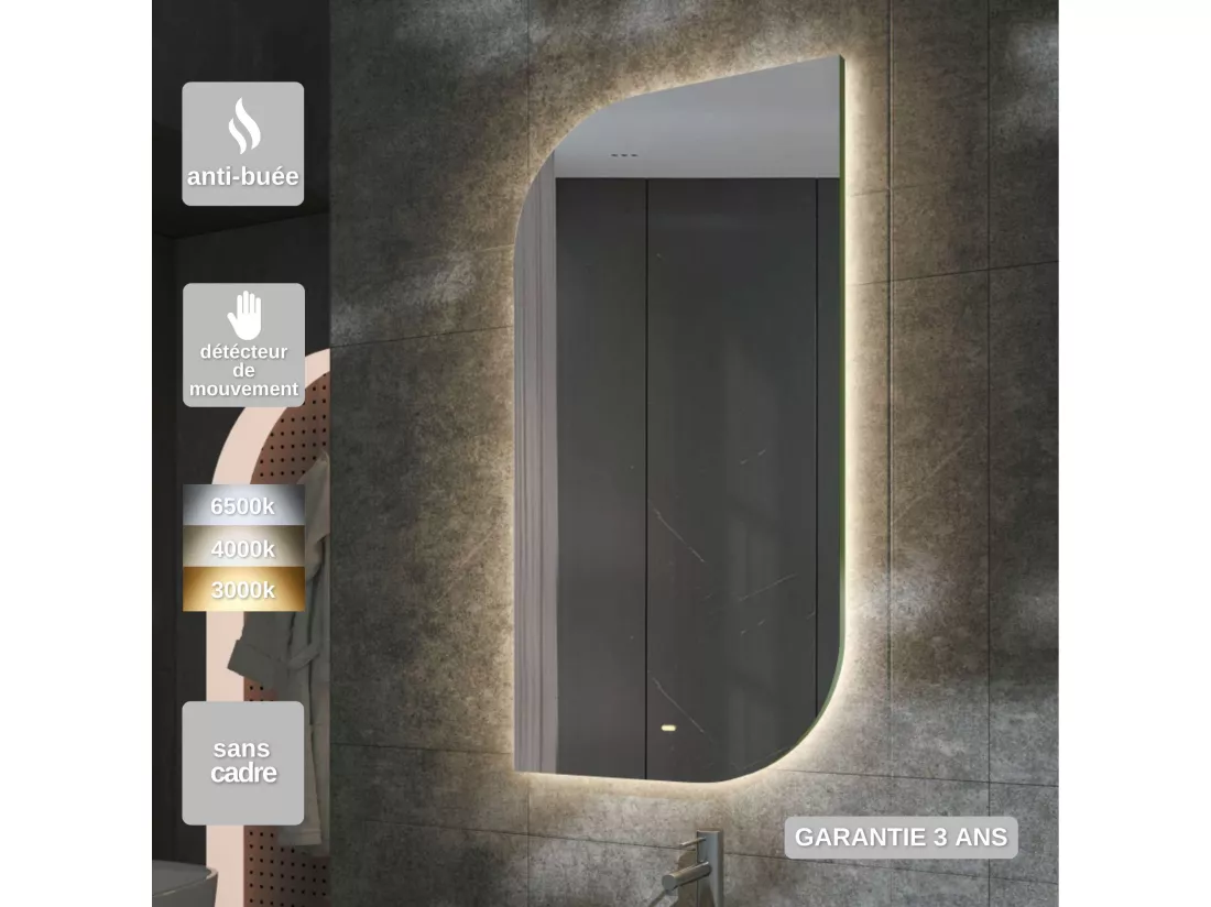 Miroir Salle de Bain CARDIFF - 60x110cm - Led Rétro-éclairé (3000K) - Anti-Buée & Détecteur de Mouvement - LEDIMEX
