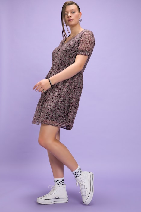 Millefleurs-Kleid, A-Line, V-Ausschntt, Halbarm, Unterkleid