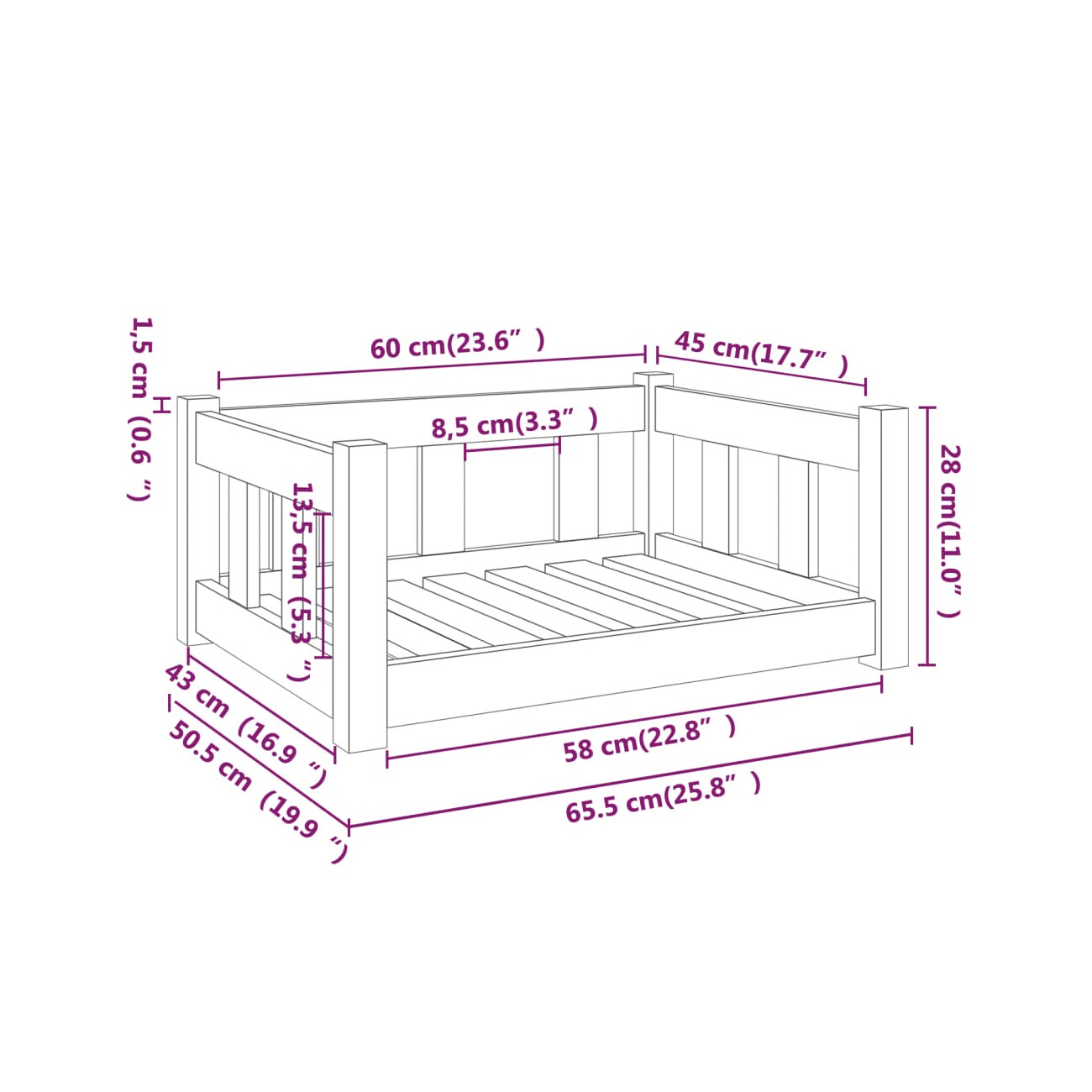 VidaXL Hundebett Massivholz Kiefer natur / beige 50,5 cm, 28 cm, 65,5 cm