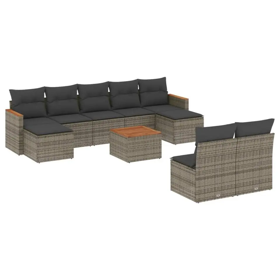 vidaXL Loungeset met 7 kussens hout armsteun & salontafel - Poly Rattan - Grijs