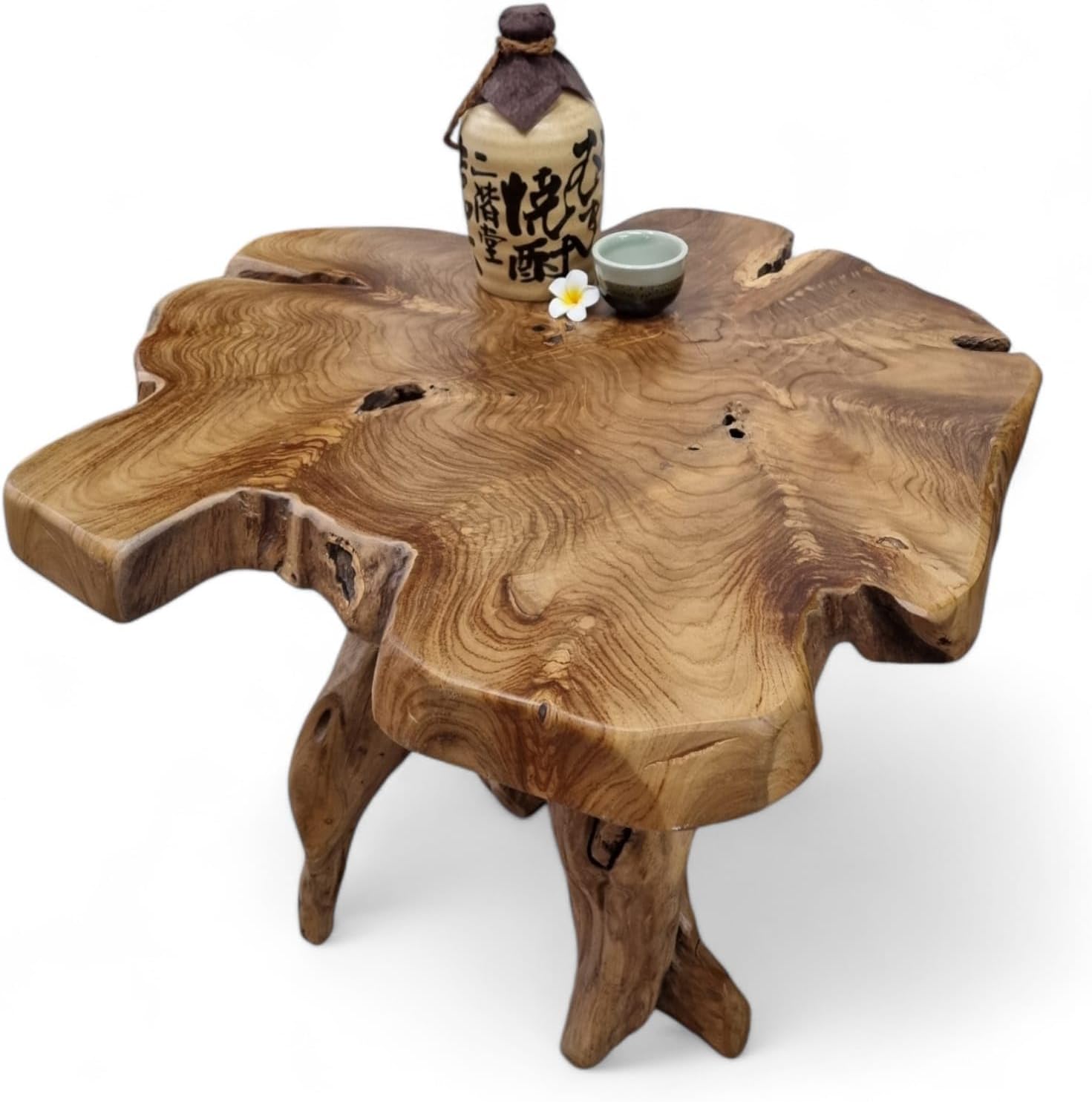 Kinaree Massivholz Couchtisch ALOR Setar - Ø 65-70cm - Holz Beistelltisch aus massivem Teak in rustikaler Optik, mit Tischplatte aus Wurzelholz Baumscheibe (50 x 65-70cm)