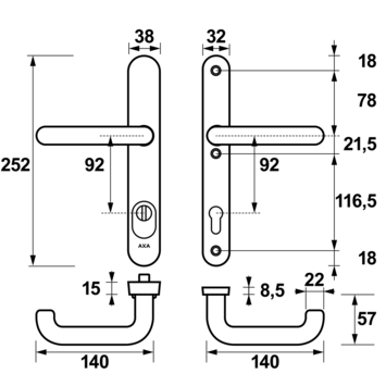 AXA veiligheidsbeslag Oval achterdeur aluminium smal schild met SKG 3-sterren 92 mm