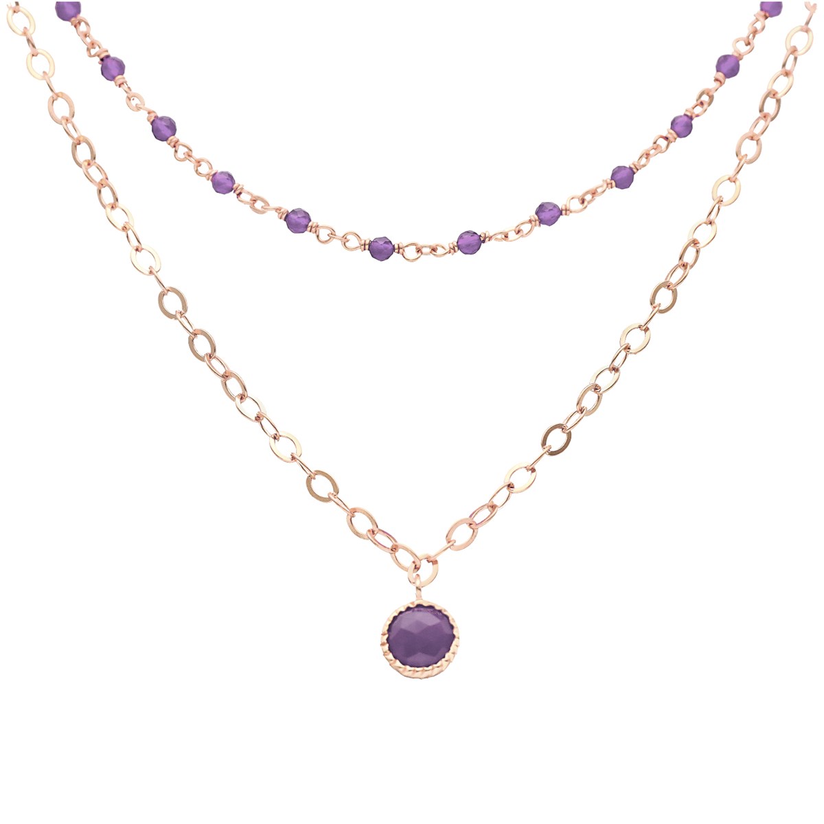 Collier Argent Doré Double Chaine Pampille Et Pierres Amethyste