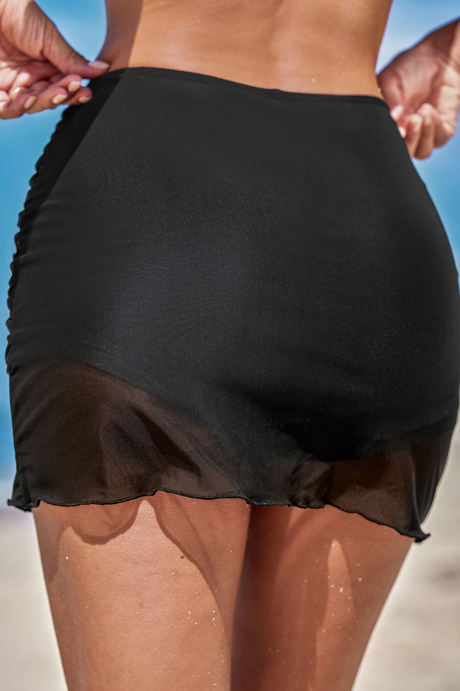 Jupe de bain taille haute ventre plat rétro en mesh noire