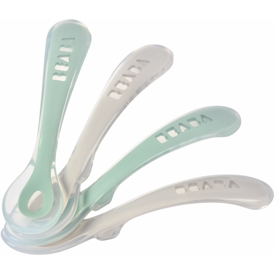 BEABA® Babylöffel 4er Set aus Silikon ab 8 Monaten, velvet grau salbeigrün