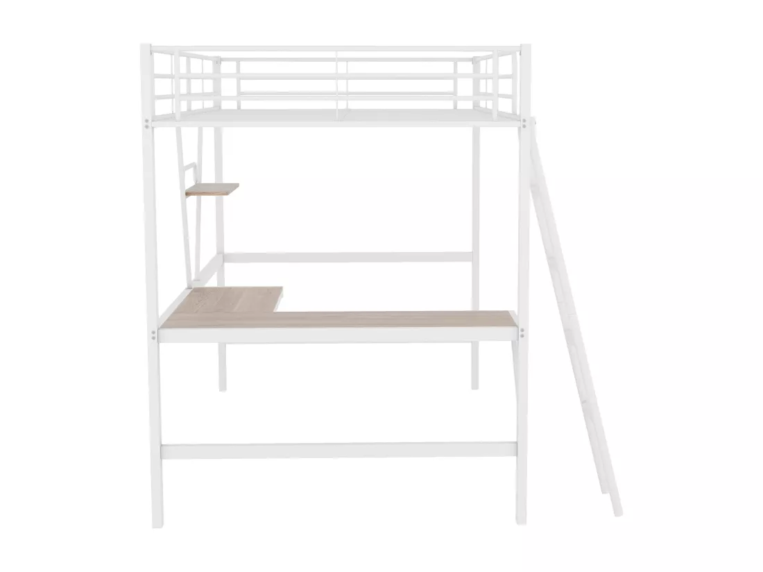 Lit mezzanine en fer - 90x200cm - avec bureau d'angle et une étagère - Blanc