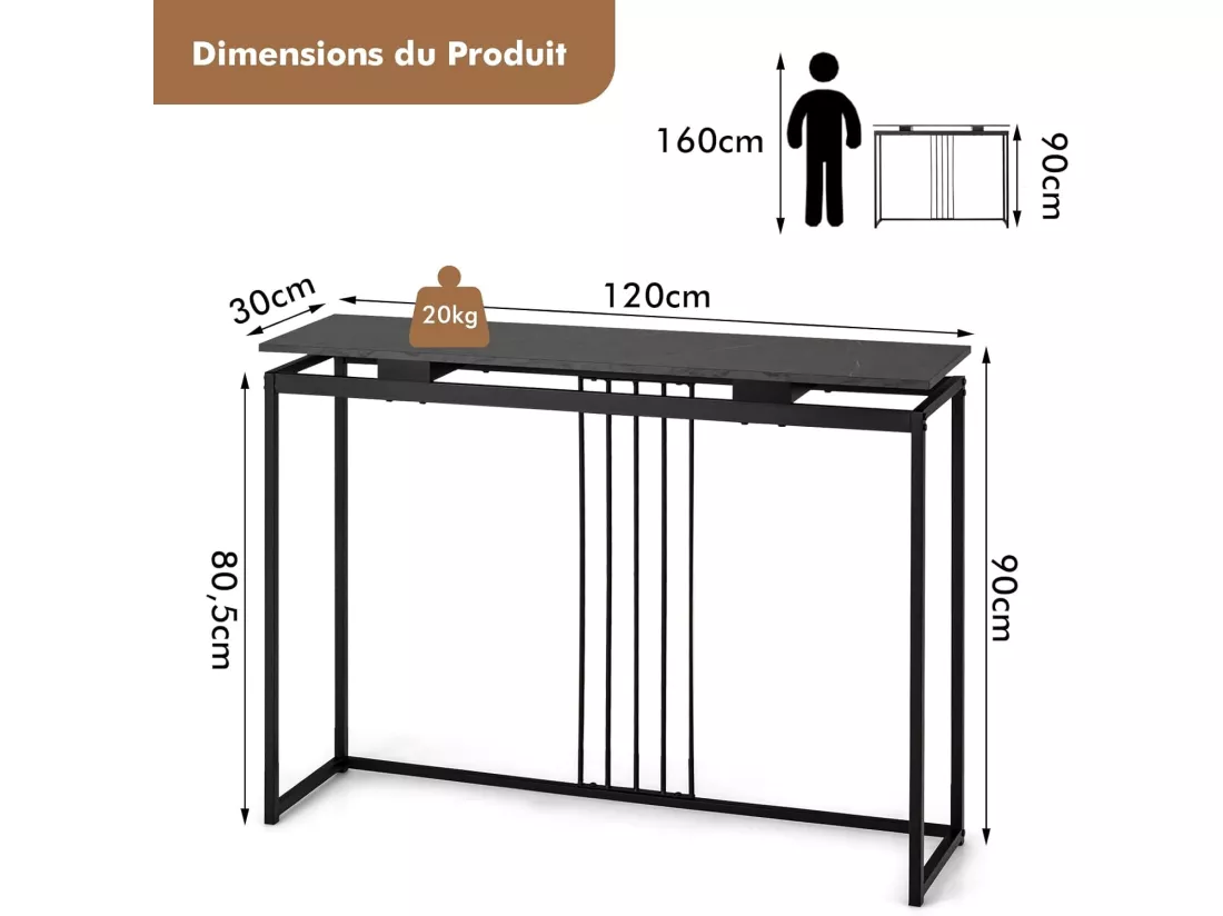 Table Console en Faux Marbre, Meuble Console Entrée avec Cadre en Acier Enduit de Poudre, Table d'Entrée avec Kit Anti-basculement pour Salon, Couloir, 120x30x90cm (Noir）