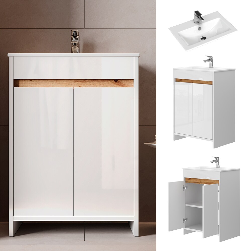 Vicco Waschbecken mit Unterschrank Lemgo 60 cm breit, Waschtisch stehend Weiß