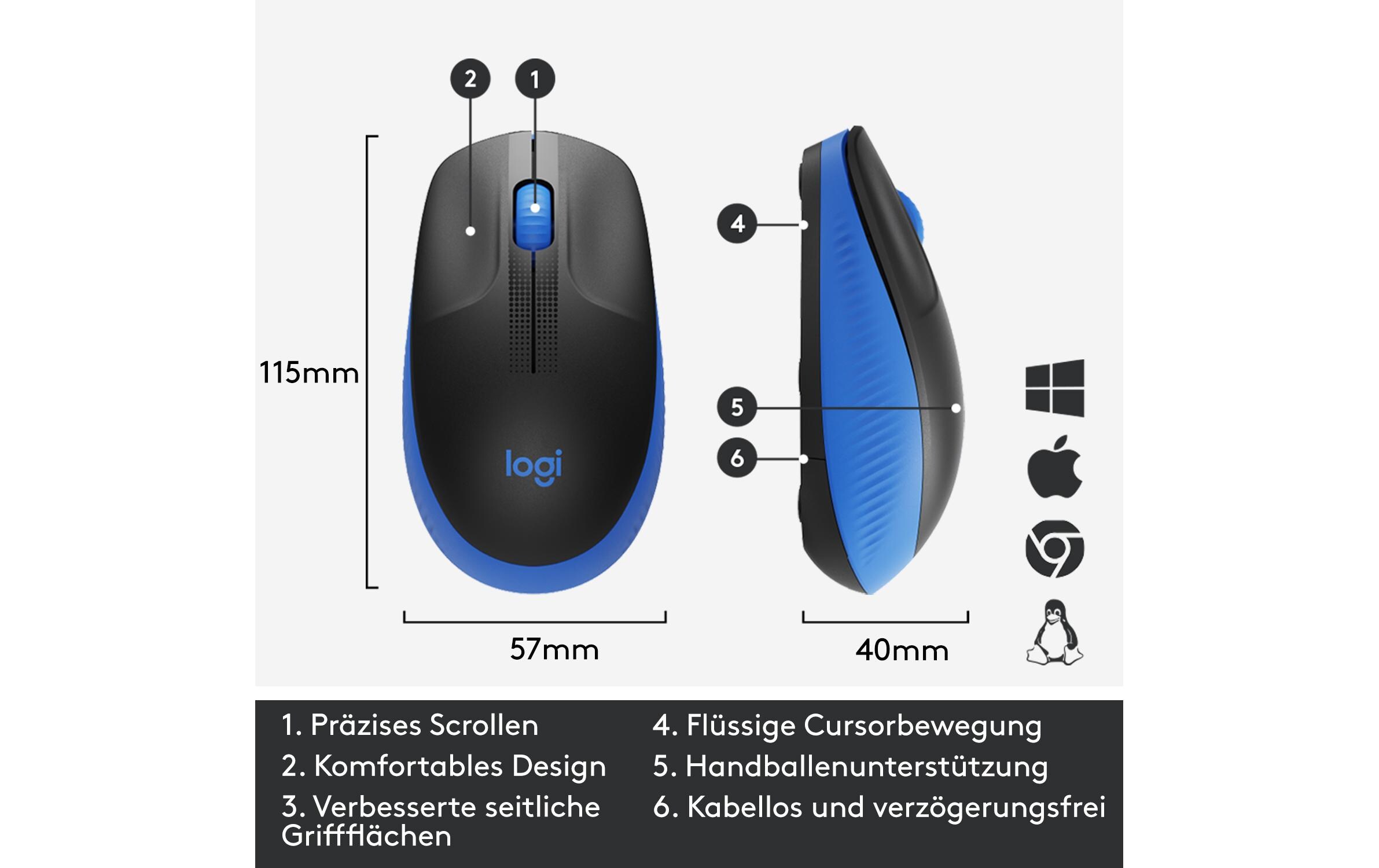 Maus M190 Blau/Schwarz, kabellosUniverselle Arbeitsmaus für alltägliche Büroarbeiten