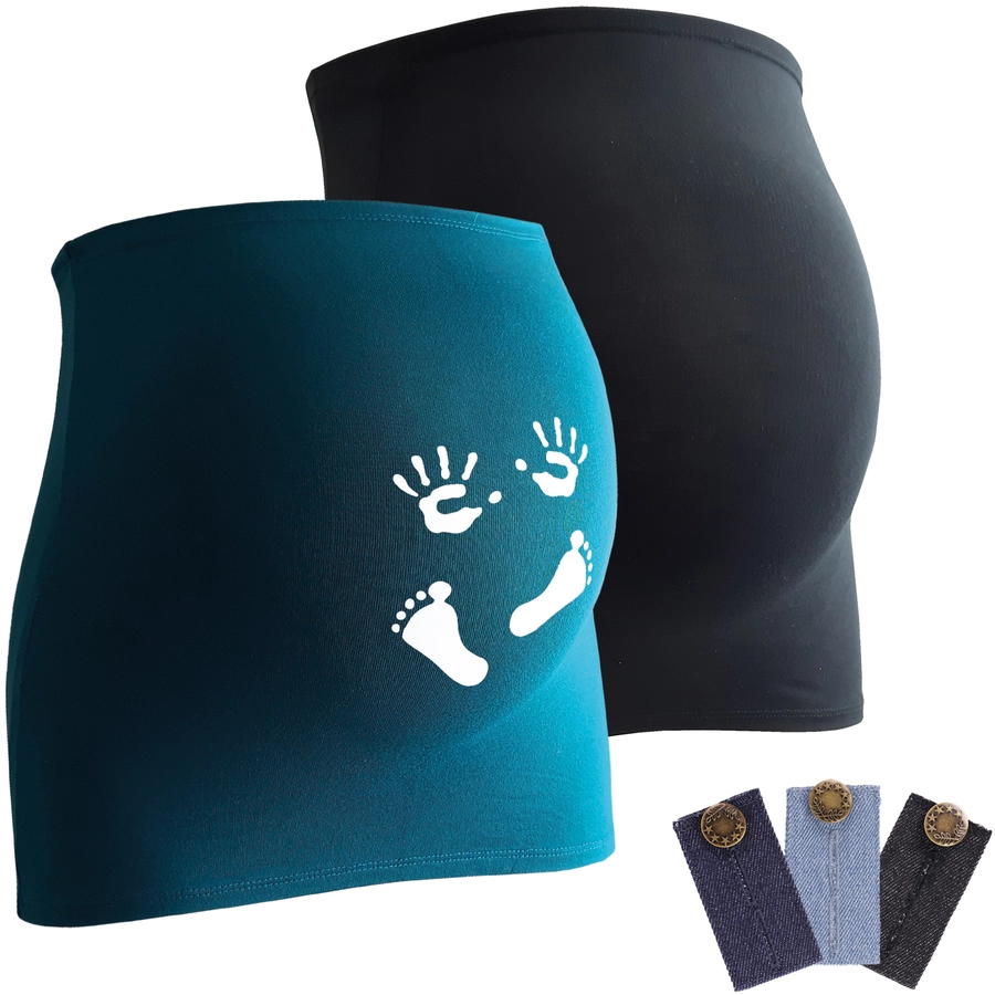 mamaband Bauchband 2er-Pack  Händchen und Füßchen + 3er Pack Hosenerweiterung schwarzpetrol
