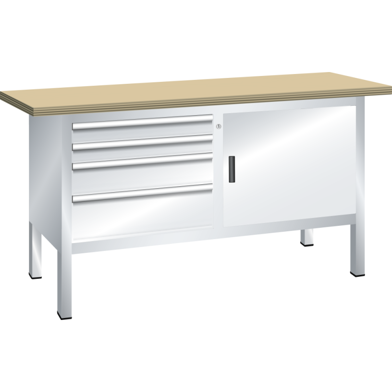 Lista - Établi compact plateau 150 x 70 cm - 1 porte battante - 2 rayons - 4 tiroirs