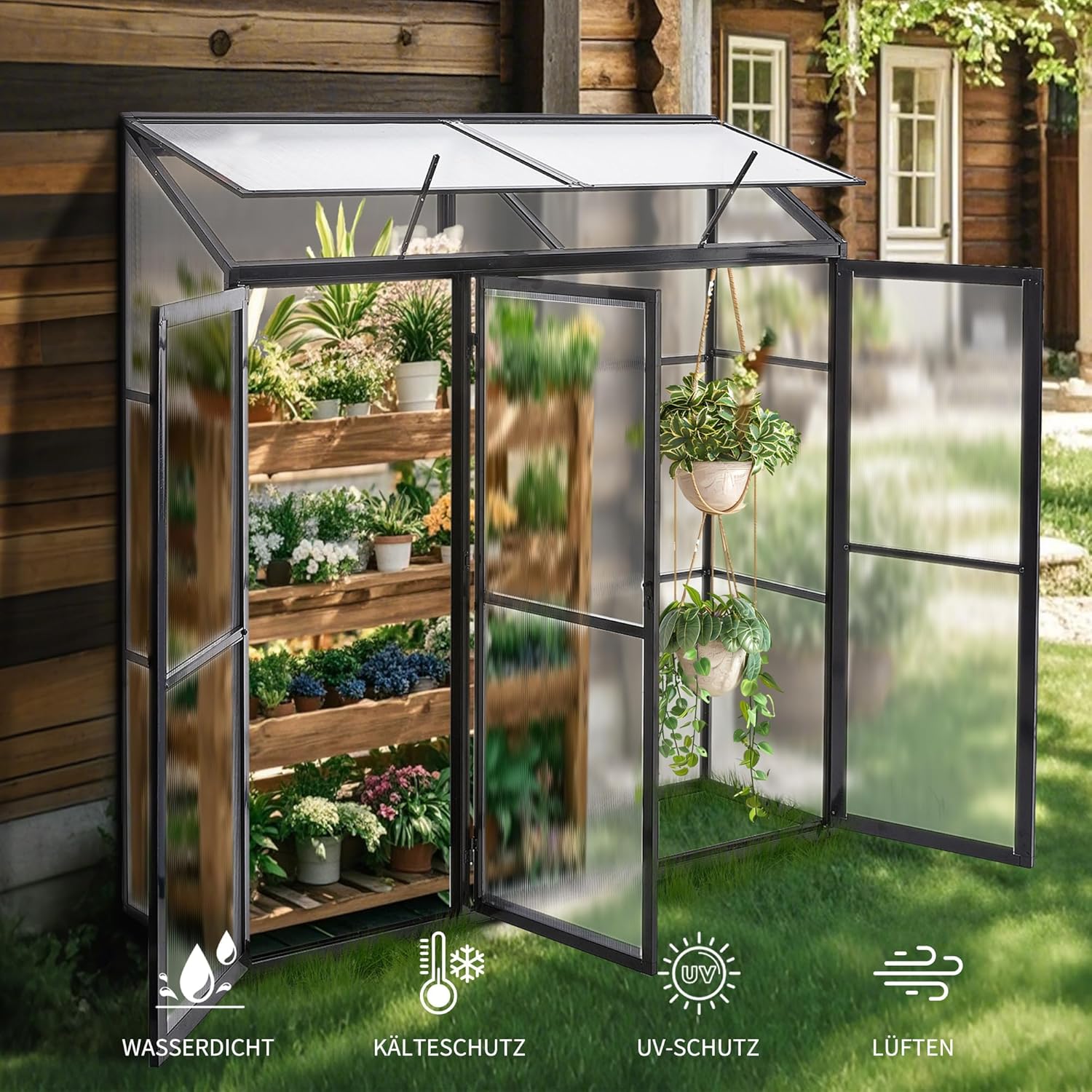Anlehngewächshaus Tomaten Gewächshaus 180x55x190cm Aluminium Beistell-Gewächshaus, Treibhaus Gartenhaus Frühbeet mit Rückwand, Gewächshaus Winterfest Klein, Minigewächshaus, Schwarz