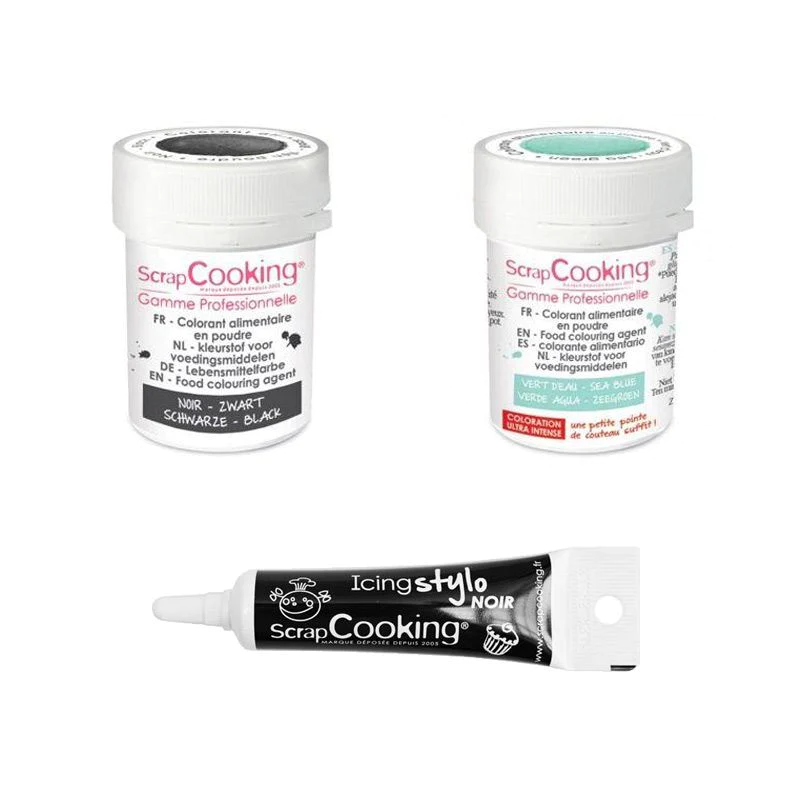 2 colorants alimentaires noir-vert d'eau + Stylo glaçage noir Scrapcoo