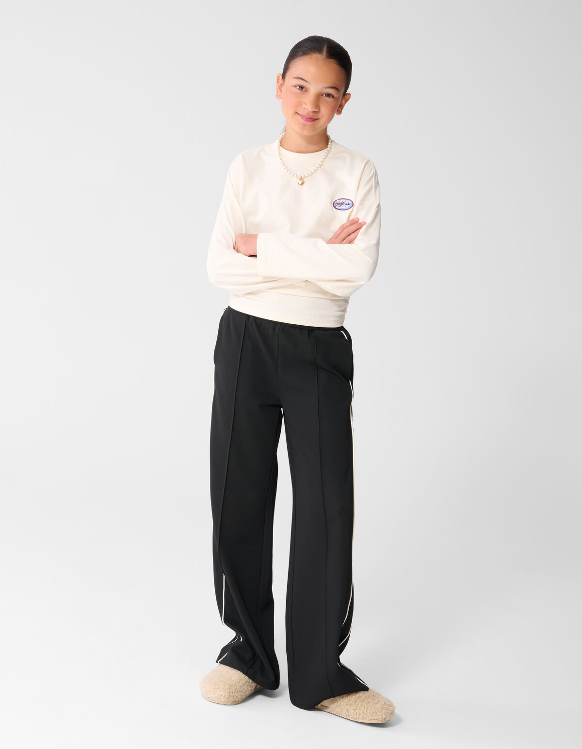 Piping Wide Leg Fit Broek Zwart