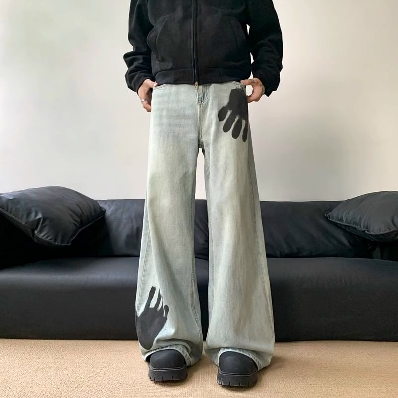 Savenne - Hoge taille handprint gewassen wijde jeans