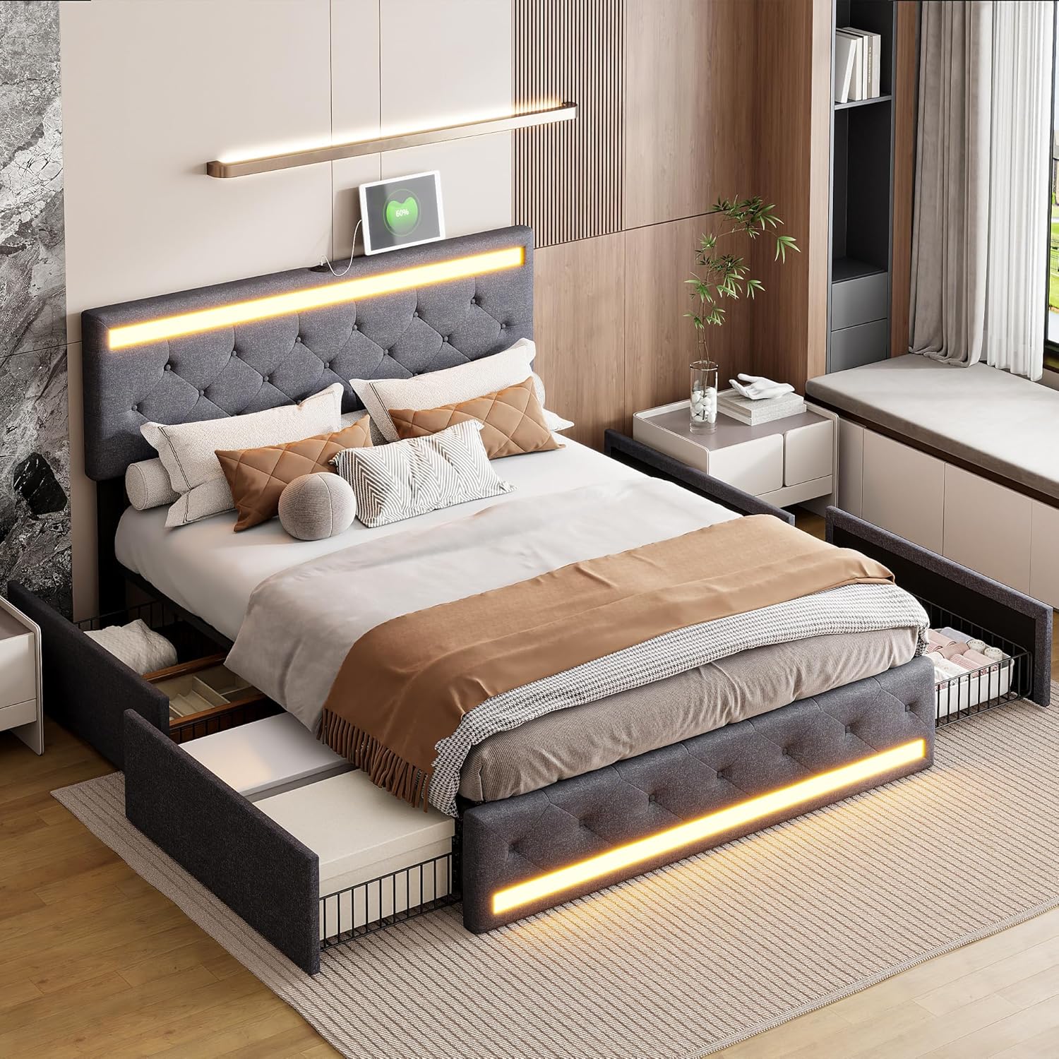Polsterbett Doppelbett 180x200 cm, Stauraumbett mit 4 Schubladen, Bett 180x200 mit Bettkasten und Lattenrost, LED Kopfteil mit USB Ladestation, Jugendbett Funktionsbett Rückenlehne Bett, Leinen