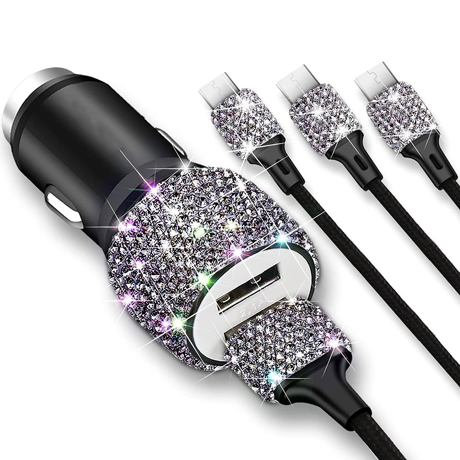 (1.2m) 3in1 Glitzer USB A auf Lightning / Micro USB / USB C Nylon Ladekabel   Dual KFZ Ladegerät - Schwarz