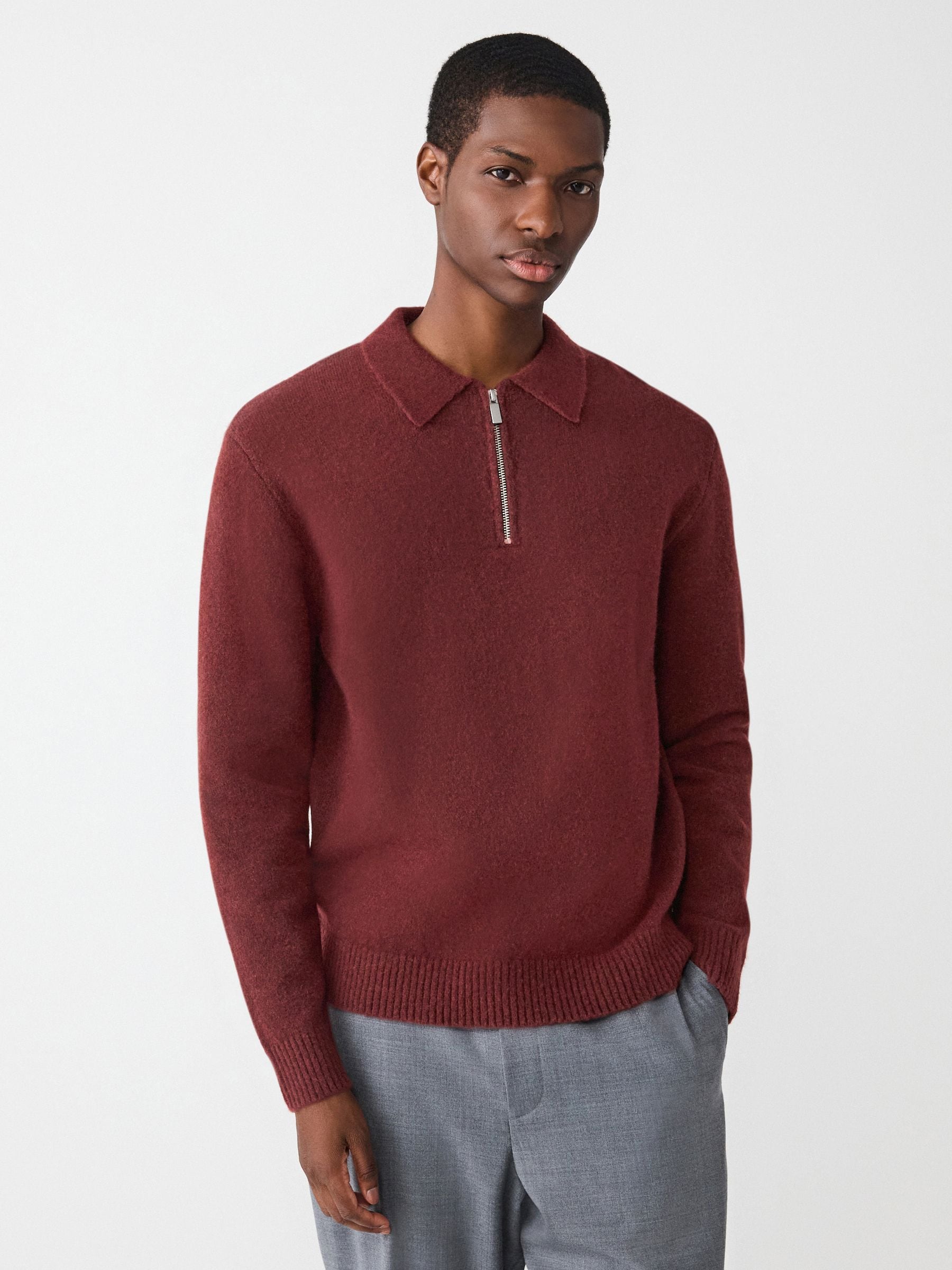 Dusky Red - Regular Fit Cosy Knit Polo Shirt with Wool