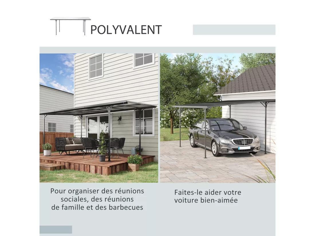 Pergola adossable rigide acier alu. toit polycarbonate dim. 5L x 2,99l x 2,23H m gris