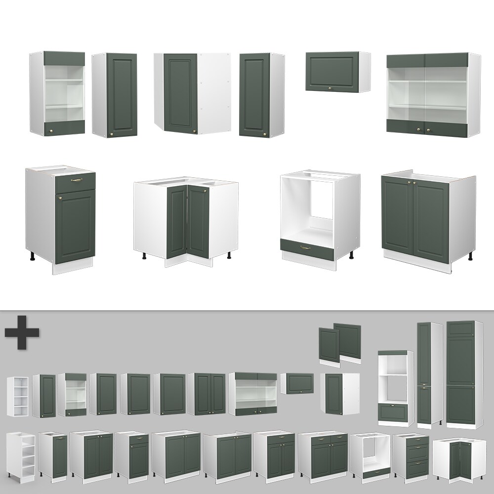 Vicco Eckküche Küchenzeile Einbauküche Fame-Line Landhaus Weiß Grün Gold 190 cm Schubunterschrank Spülenunterschrank Eckunterschrank Herdumbauschrank Hängeglasschrank Hängeschrank