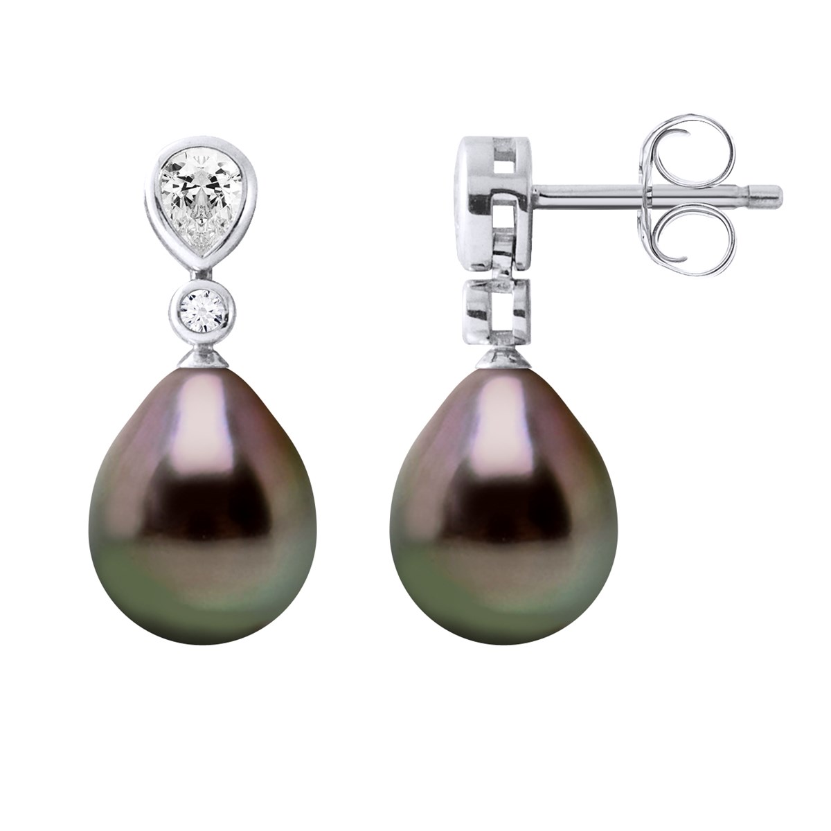 Boucles d'Oreilles Pendantes Joaillerie Perle de Tahiti Poires 8-9 mm Argent 927