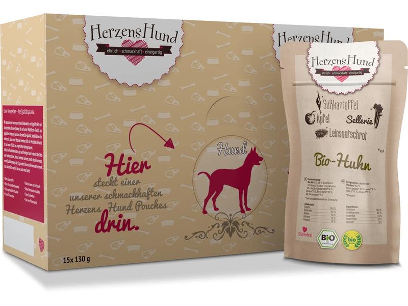 HerzensHund Nassfutter Bio-Huhn mit Bio-Gemüse, 130 g Premium Bio-Ergänzungsfuttermittel für erwachsene Hunde