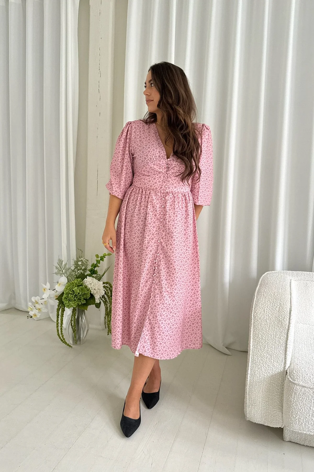 BYIC Adelic Long Dress pfsp pink flower stem print
