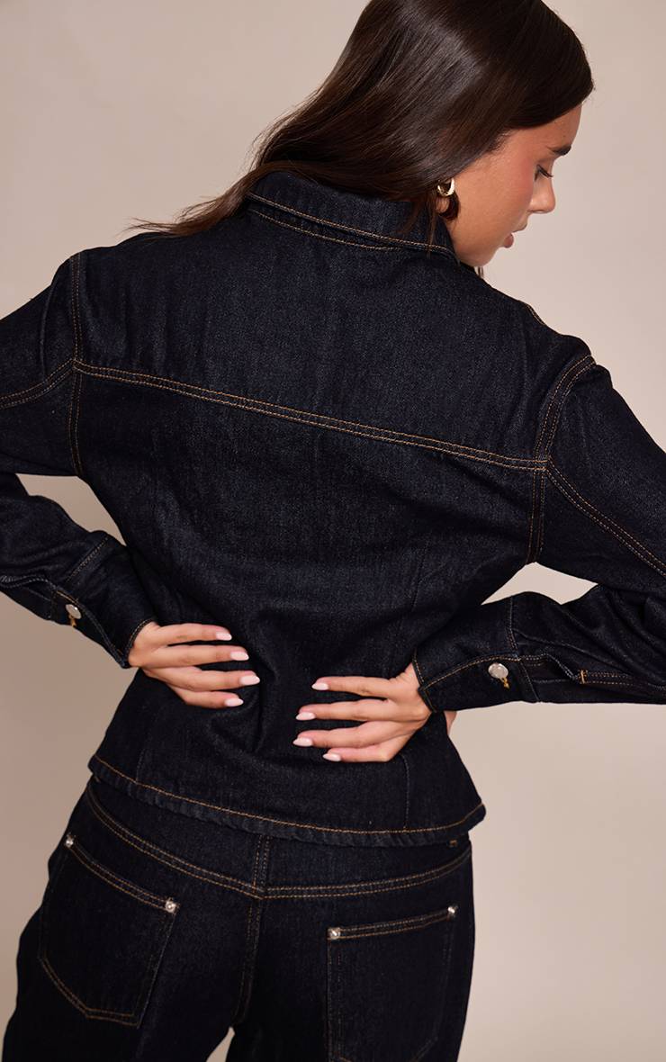 Raw Indigo Wash Veste En Jean À Manches Longues Avec Taille Cintrée