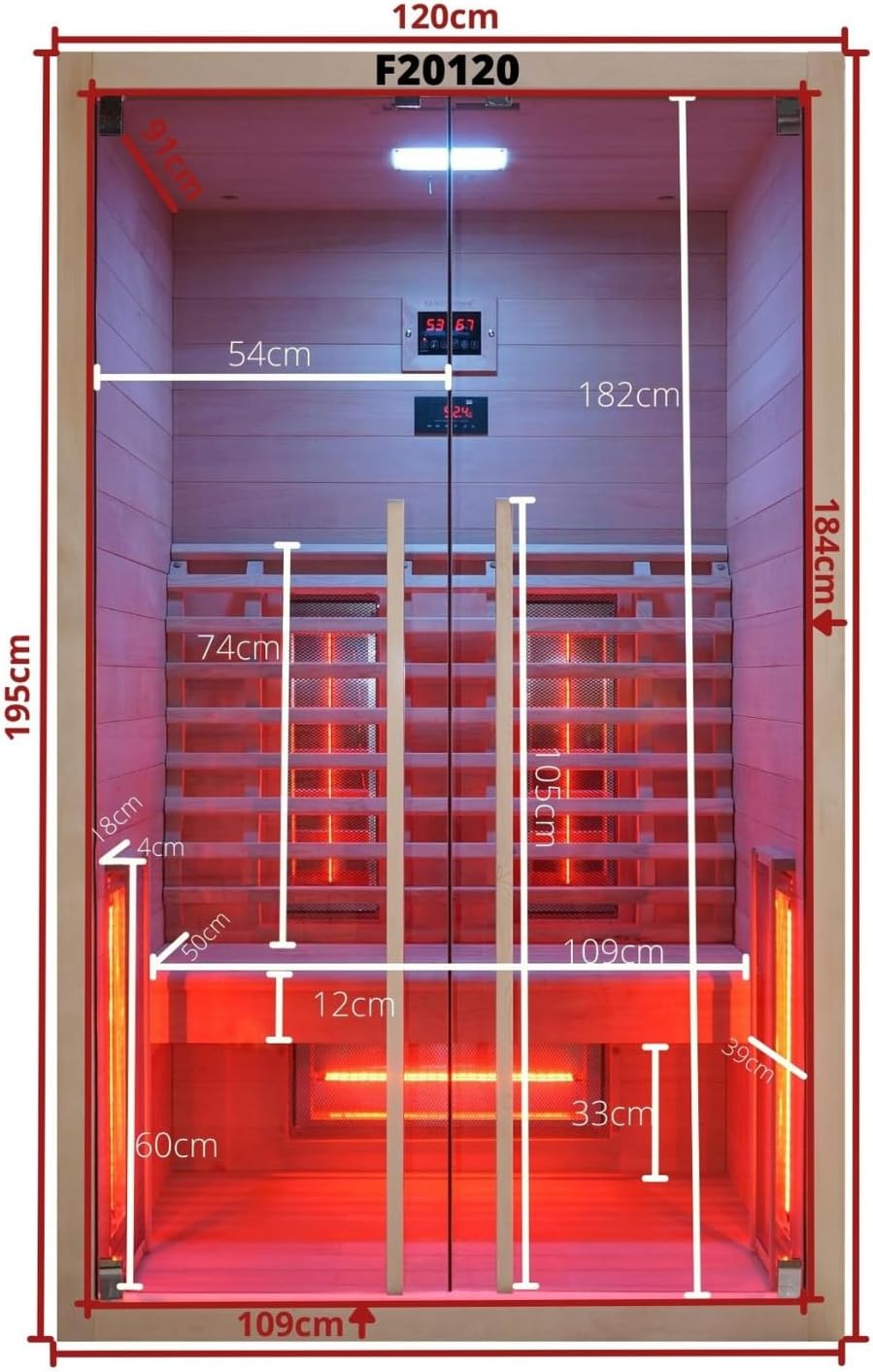 Sanotechnik Infrarotkabine RUBY 2 - für 2 Personen geeignet, inkl Vollspektrumstrahler - 120x100x195 cm - Wärmekabine mit MP3 Player & Bluetooth - LED Beleuchtung (7 Farben) - Infrarot-Sauna