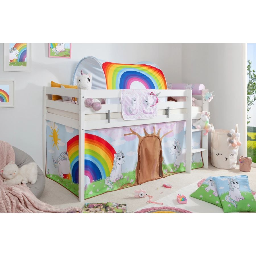 TICAA Hochbett Einhorn Rainbow inkl. Zubehör Kiefer weiß Weiß