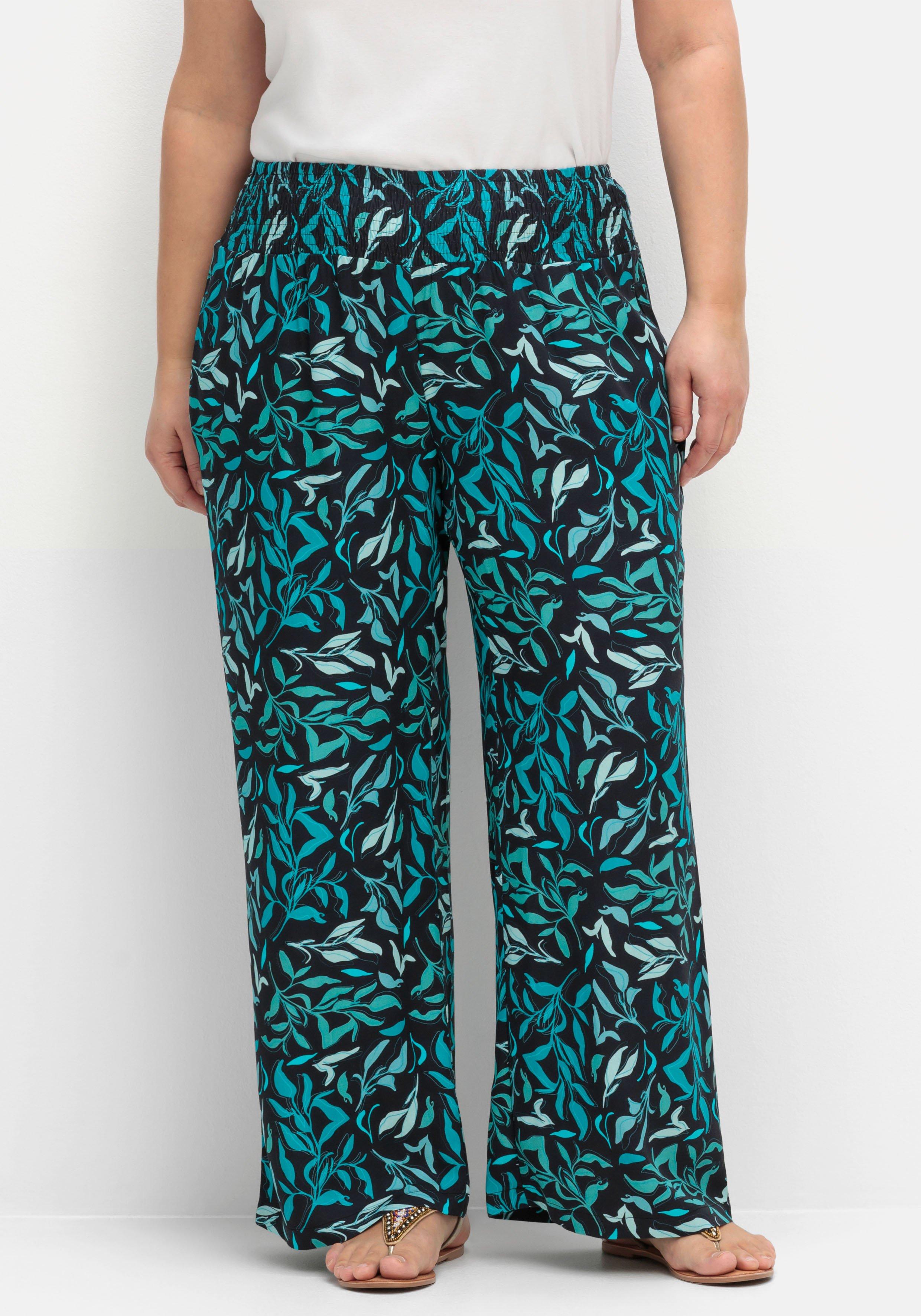 Weite Schlupfhose mit Smokbund und Blätterprint