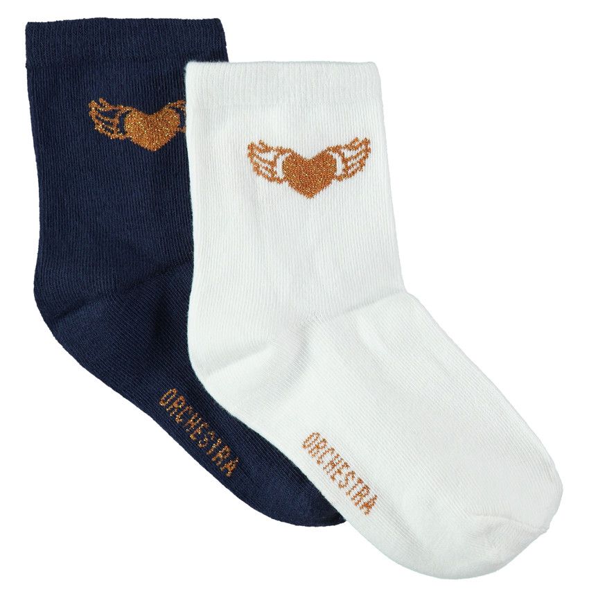 Junior - Lot de 2 paires de chaussettes unies avec coeur en jacquard doré - Bleu marine