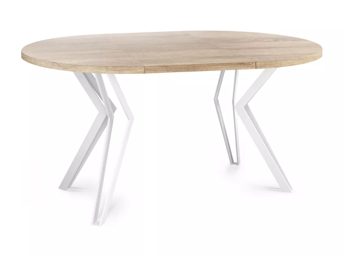 Table Ronde Salle à Manger - 100/176 Cm De Diamètre - Table à Rallonges Avec Pieds En Métal Blanc - Style Industriel - Compacte - Chêne Sonoma