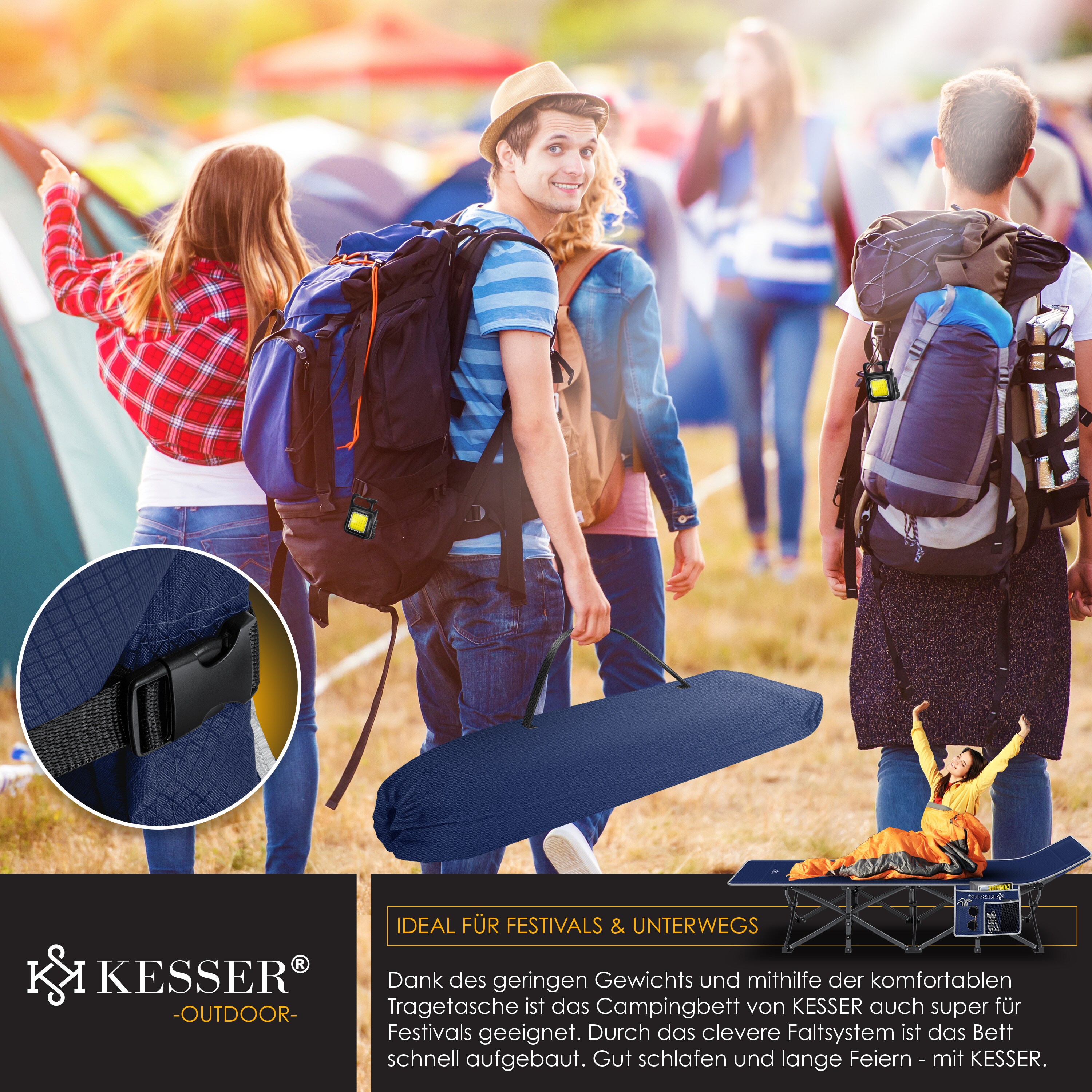 KESSER® Campingbett Feldbett Klappbar Klappbett Campingliege inkl. Tragetasche + Seitentasche Stabiles Feldbett 250kg Belastbar Metallrohr 600D Oxfordgewebe Tragbar Liege Reise Bequem