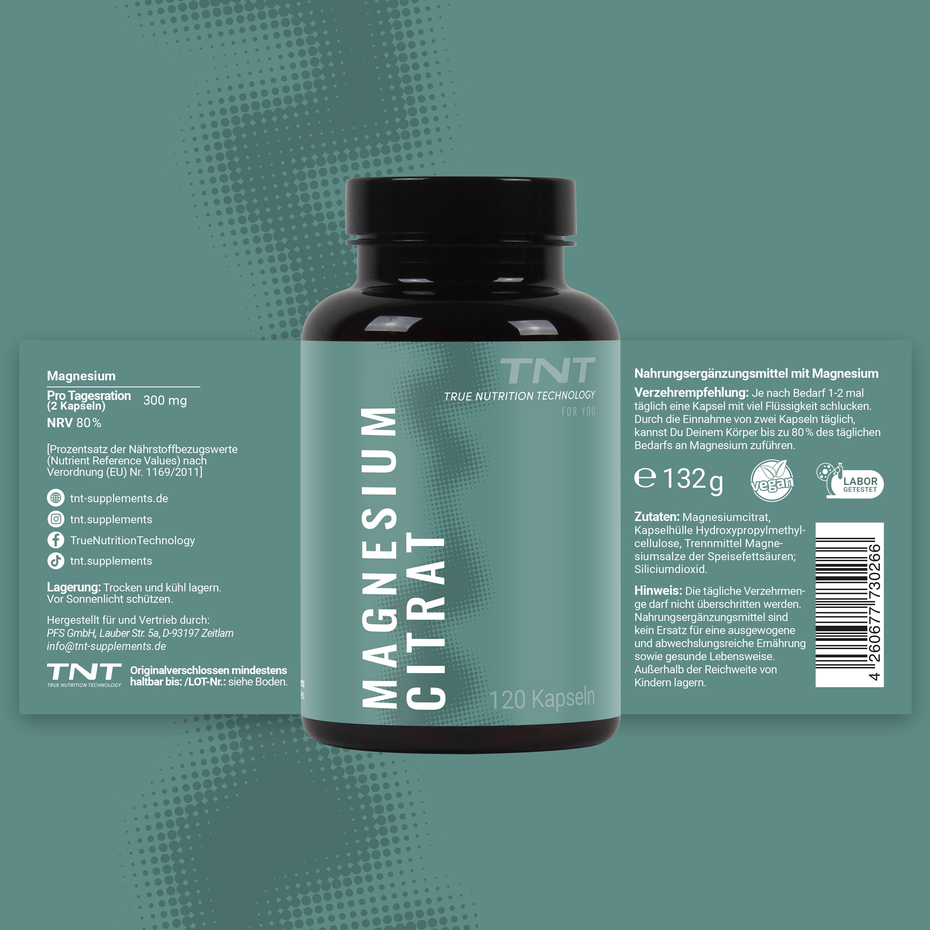 TNT Magnesium Kapseln 300mg hochwertiges Magnesium Citrat pro Portion