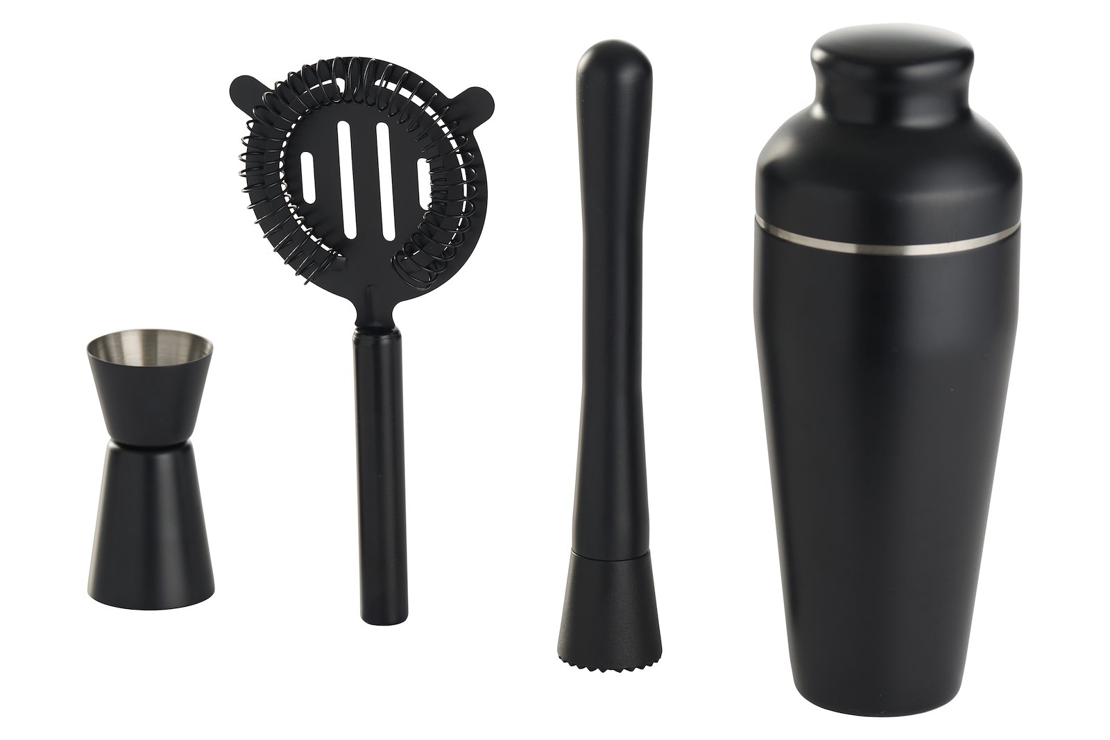 DAY \nCocktailsett Sortlakkert stål. Sett med shaker, målebeger, morter og sil.