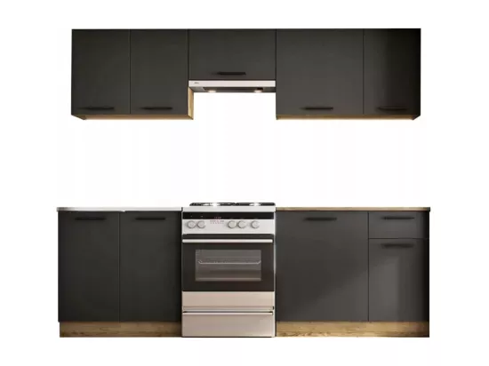 Cuisine grise 240cm avec plan de travail style chêne RUSTICA